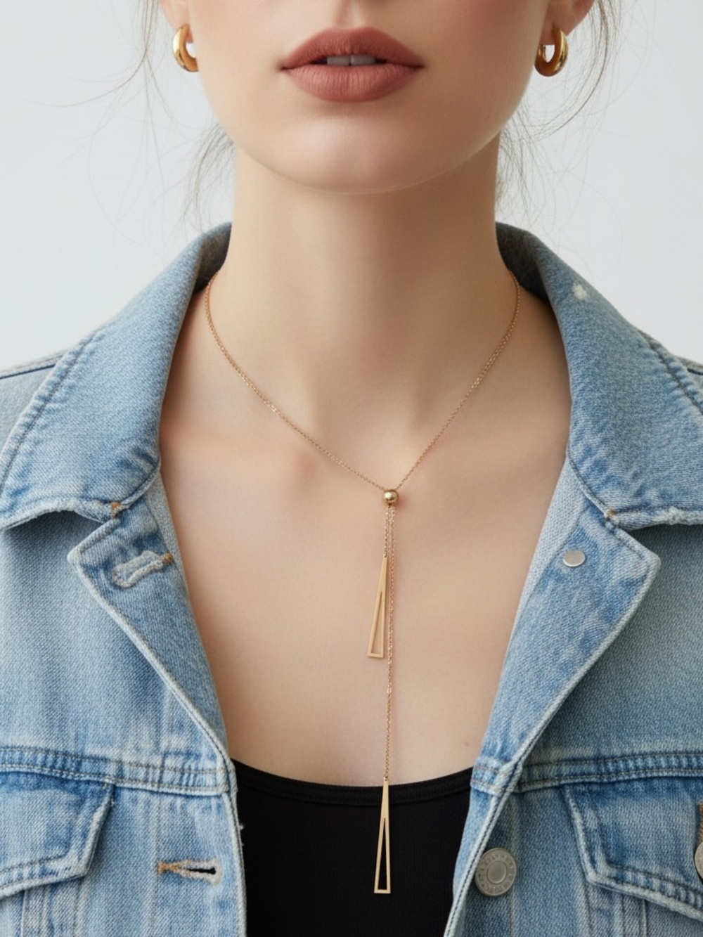 Adjustable 18k Gold Plated Lariat Necklace with Geometric Drop Shapes.